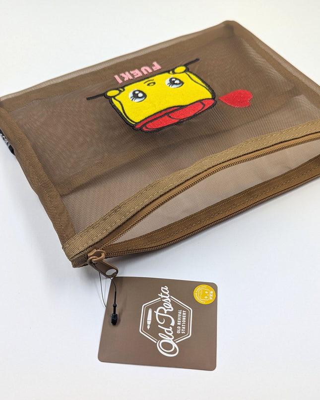 OLD RESTA Embroidered Mesh Pouch L brown fueki close up