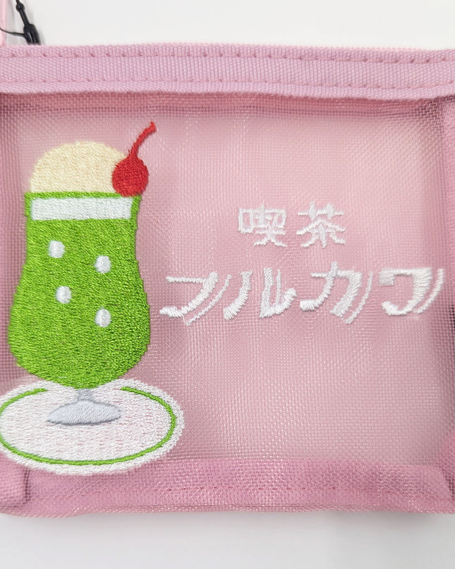 OLD RESTA Embroidered Mesh Pouch M pink close up