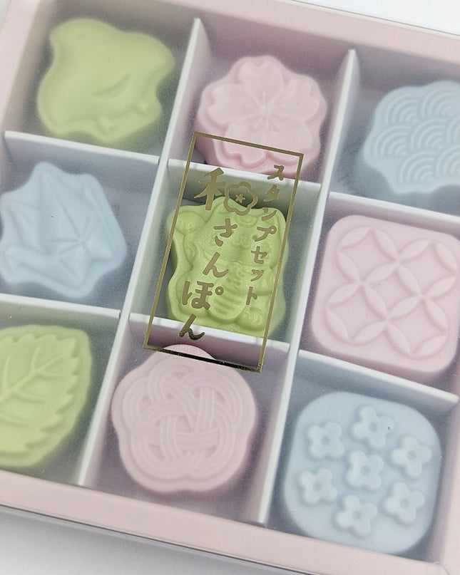 SUN-STAR Wasanbon Stamp Set of 9 Japanese motif close up