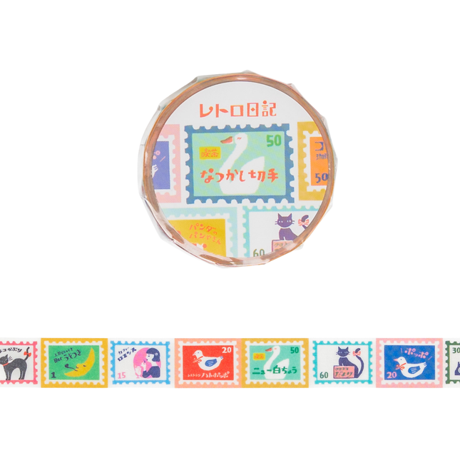 FURUKAWA SHIKO Masking Tape 15mm - Retro Diary Nostalgic Stamp Pattern