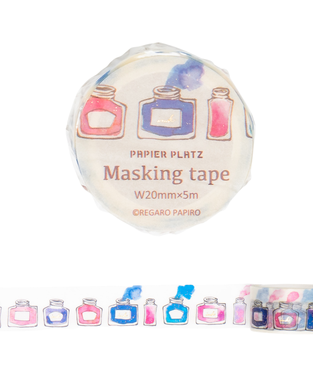 PAPIER PLATZ Masking Tape 20mm - Regaro Papiro Design Ink Bottle Pattern