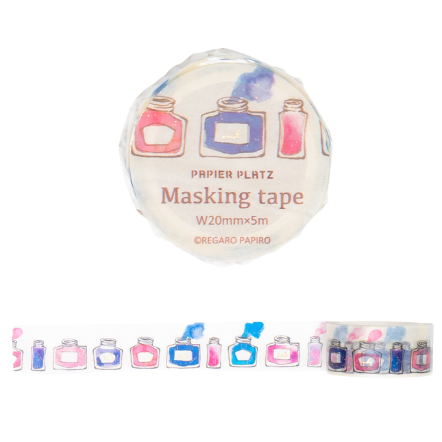 PAPIER PLATZ Masking Tape 20mm - Regaro Papiro Design Ink Bottle Pattern