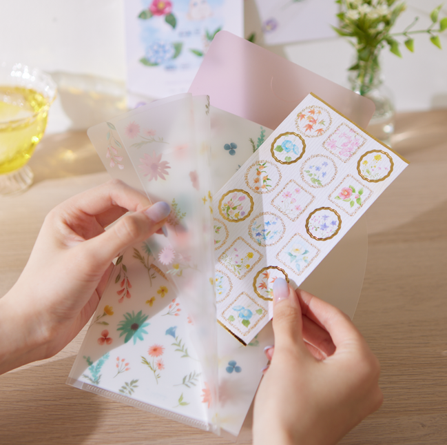 Midori 3 Pocket Holder A5 Slim Floral Pattern with NB Japanese Style Stickers Large Flowers and Seasons inside